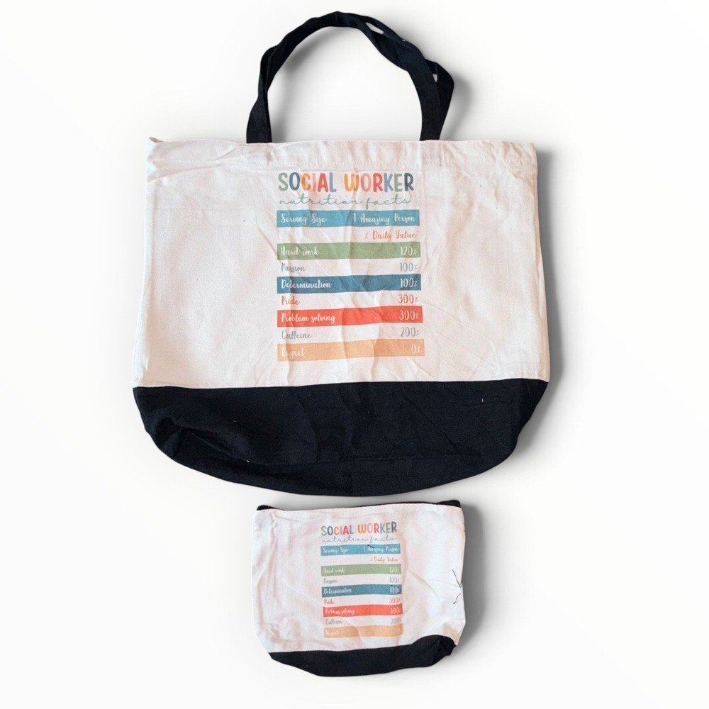 Colorful Social Worker Tote Bag Set OS White Black Nutrition Facts Graphic
